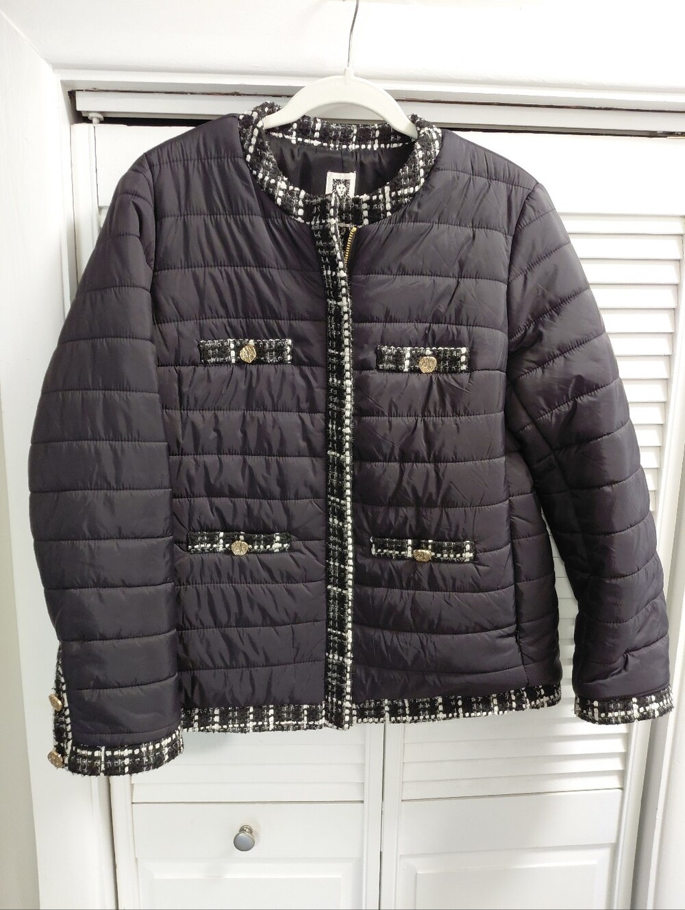 Anne Klein Black Quilted Jacket with Tweed Trim Decorative Gold Buttons